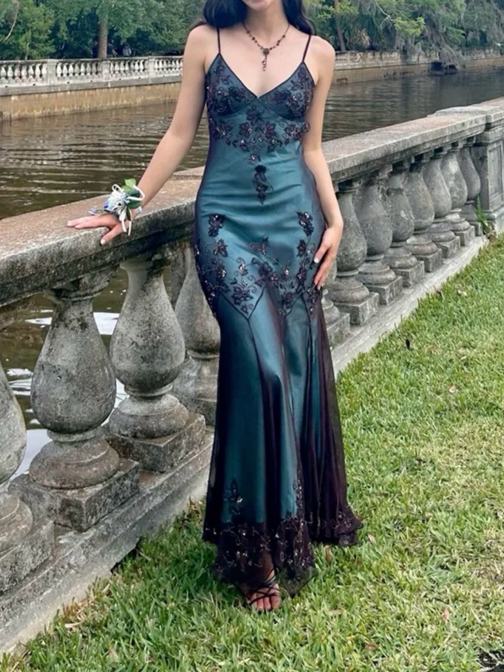 Papell Boutique Evening Silk Beaded Slip Maxi Dress in Teal and Chocolate